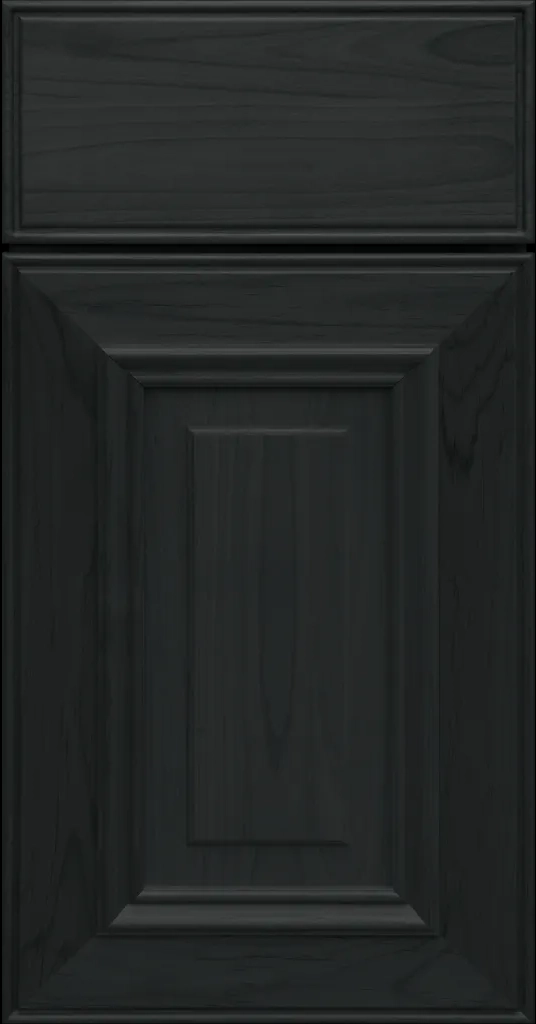 Custom Hinght Sky Stain Anderson Raised Panel Kitchen Cabinet Door and matching Slab Drawer Front.